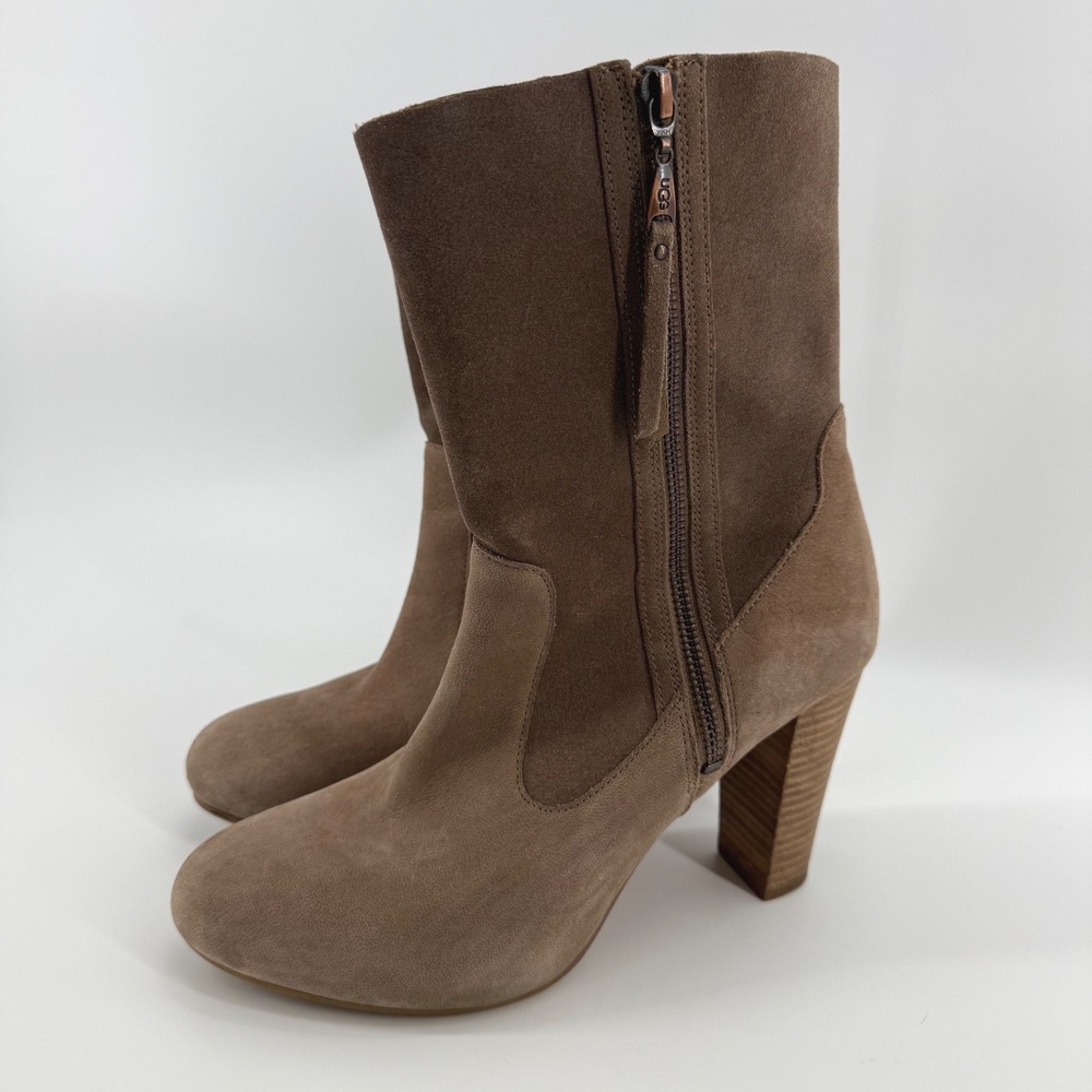 UGG Athena Women Brown Leather Suede Block High Heel Mid Calf Zip Boots 1008701